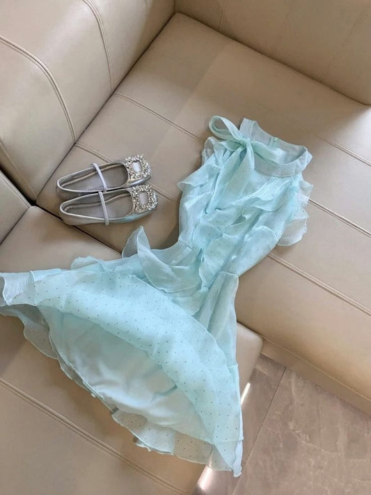 Airy Aqua Halter Neck Self‑Tie Bow Sleeveless Ruffled Dotted Chiffon Flowy A Line Short Homecoming Dress AS2014