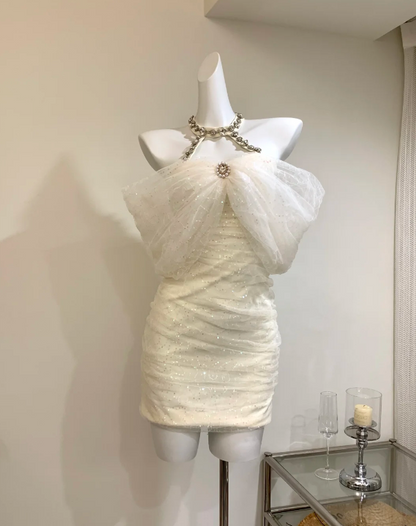 Sparkly White Off The Shoulder Sequin Tulle Bodycon Mini Dress With Rhinestone Neckline Party & Homecoming Dress AS202
