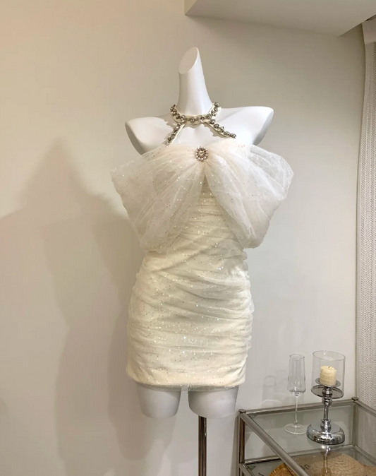 Sparkly White Off The Shoulder Sequin Tulle Bodycon Mini Dress With Rhinestone Neckline Party & Homecoming Dress AS202