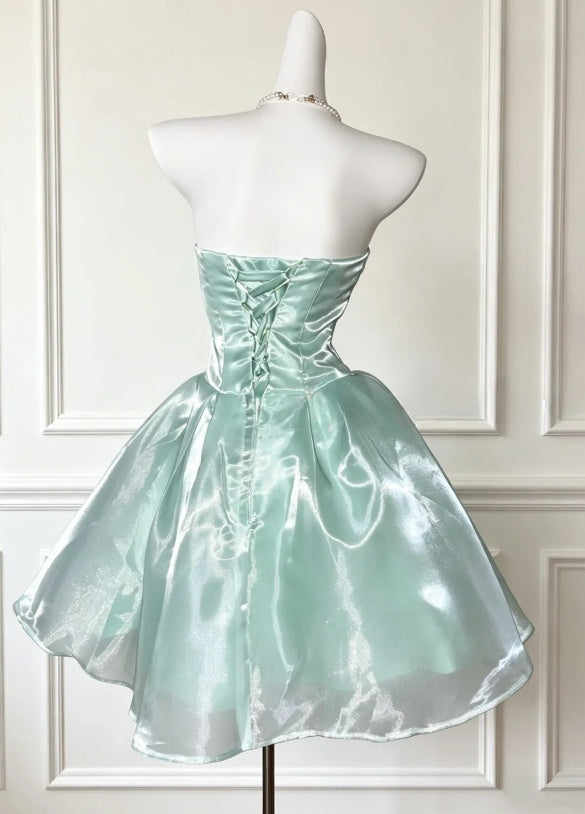 Elegant Mint Green Satin Strapless Mini Dress With Pearl Chain Detail A-Line Homecoming & Sweet 16 Party Dress AS203