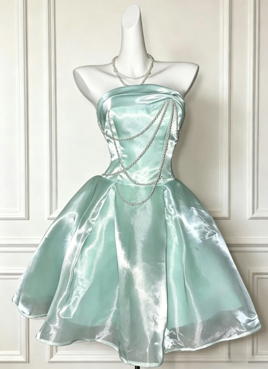 Elegant Mint Green Satin Strapless Mini Dress With Pearl Chain Detail A-Line Homecoming & Sweet 16 Party Dress AS203