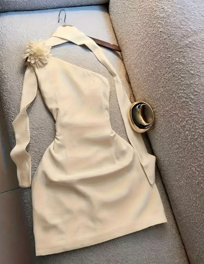 Elegant Ivory One‑Shoulder 3D Flower Applique Ruched Waist A Line Short Homecoming Dress With Long Sash AS2037