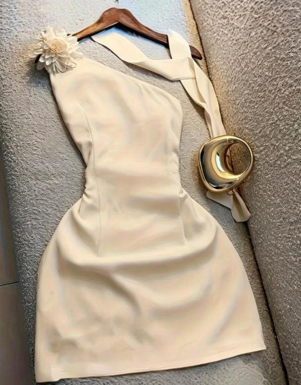 Elegant Ivory One‑Shoulder 3D Flower Applique Ruched Waist A Line Short Homecoming Dress With Long Sash AS2037