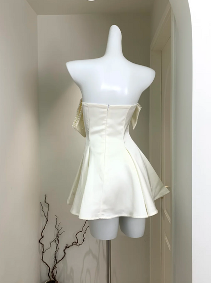 Elegant Ivory Strapless Satin A Line Mini Dress With Pearl-Embellished Bow - Homecoming & Sweet 16 Party Dress AS204