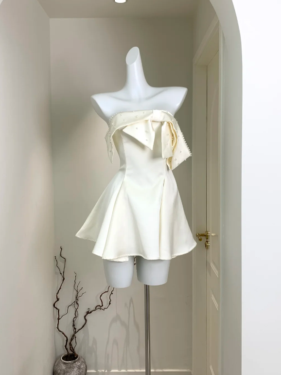 Elegant Ivory Strapless Satin A Line Mini Dress With Pearl-Embellished Bow - Homecoming & Sweet 16 Party Dress AS204