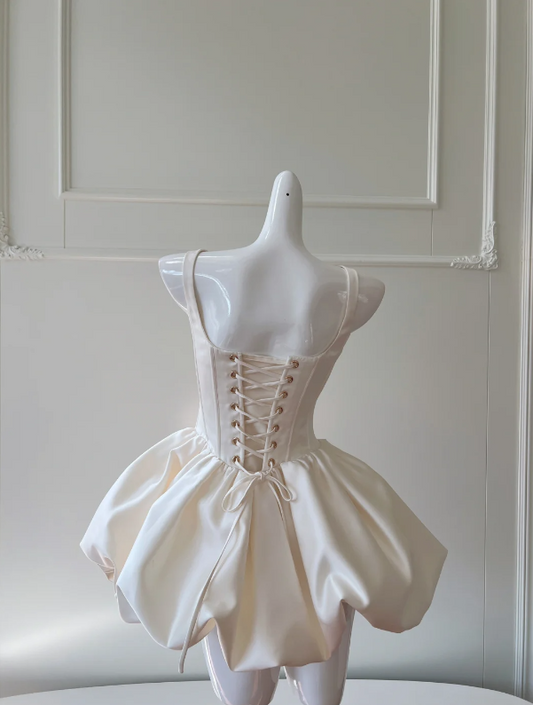 Vintage-Inspired Ivory Satin Corset Straps Mini Dress - Square Neck Puff Bubble Skirt Homecoming & Sweet 16 Dress AS205