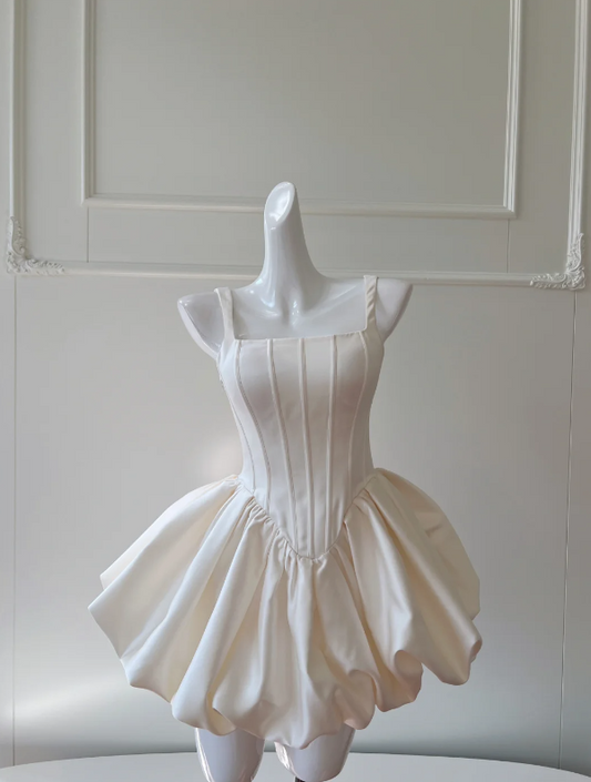 Vintage-Inspired Ivory Satin Corset Straps Mini Dress - Square Neck Puff Bubble Skirt Homecoming & Sweet 16 Dress AS205