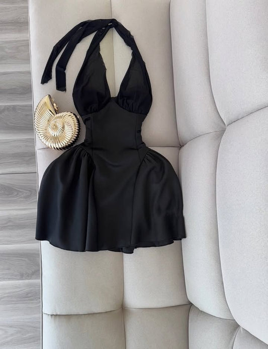Alluring Black Halter Deep V Neck A‑Line Short Homecoming Dress AS2058