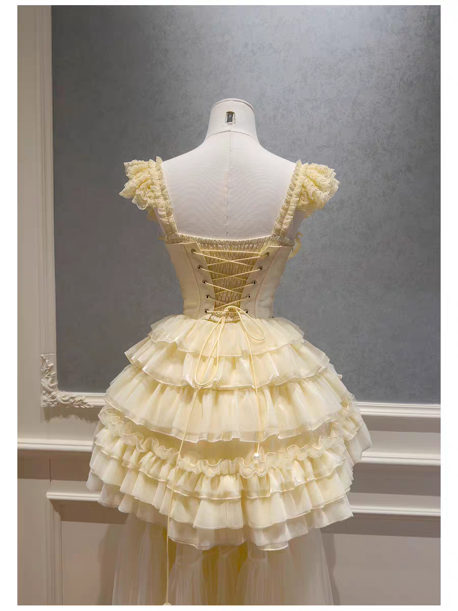 Sweety Light Yellow Ruffled Tulle Corset Mini Straps Homecoming Dress With 3D Floral Applique Sweet 16 Party Dress AS206