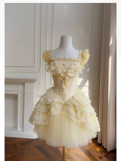 Sweety Light Yellow Ruffled Tulle Corset Mini Straps Homecoming Dress With 3D Floral Applique Sweet 16 Party Dress AS206