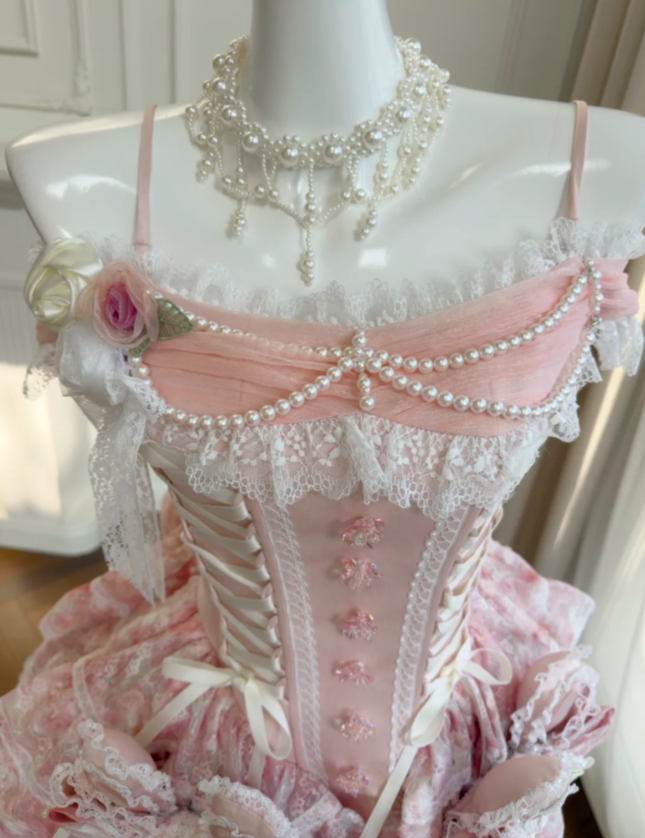 Luxury Pink Spaghetti Straps Corset Tiered Skirt With White Lace Trimmed Edges,Pearl Chain Details,3D Floral Appliques And Bows Homecoming Dress & Sweet 16 Party Dress AS207