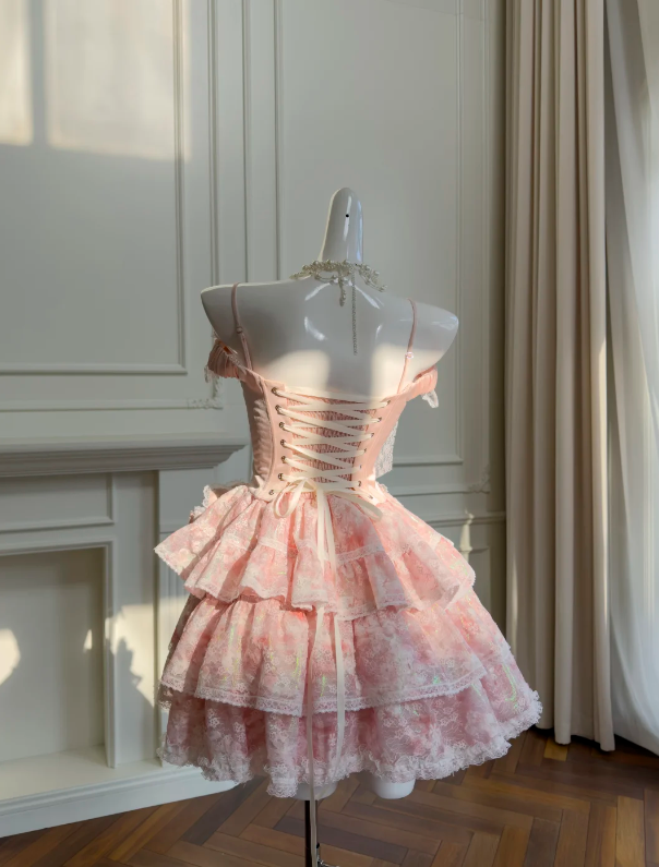 Luxury Pink Spaghetti Straps Corset Tiered Skirt With White Lace Trimmed Edges,Pearl Chain Details,3D Floral Appliques And Bows Homecoming Dress & Sweet 16 Party Dress AS207
