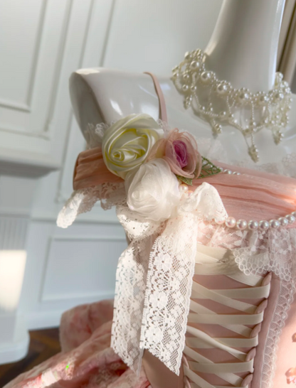 Luxury Pink Spaghetti Straps Corset Tiered Skirt With White Lace Trimmed Edges,Pearl Chain Details,3D Floral Appliques And Bows Homecoming Dress & Sweet 16 Party Dress AS207