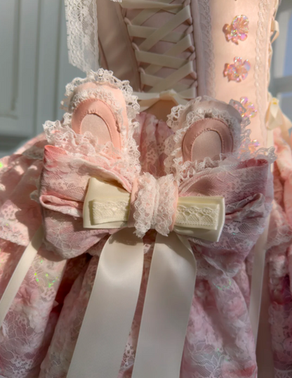 Luxury Pink Spaghetti Straps Corset Tiered Skirt With White Lace Trimmed Edges,Pearl Chain Details,3D Floral Appliques And Bows Homecoming Dress & Sweet 16 Party Dress AS207