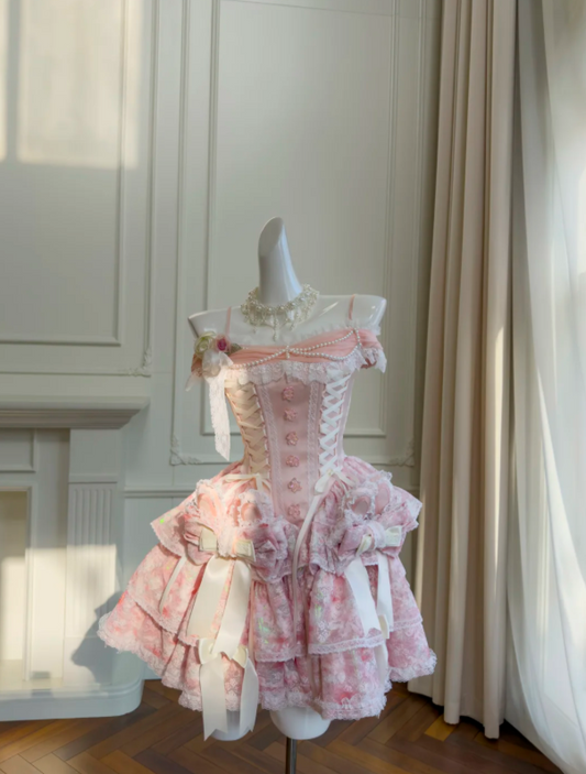 Luxury Pink Spaghetti Straps Corset Tiered Skirt With White Lace Trimmed Edges,Pearl Chain Details,3D Floral Appliques And Bows Homecoming Dress & Sweet 16 Party Dress AS207