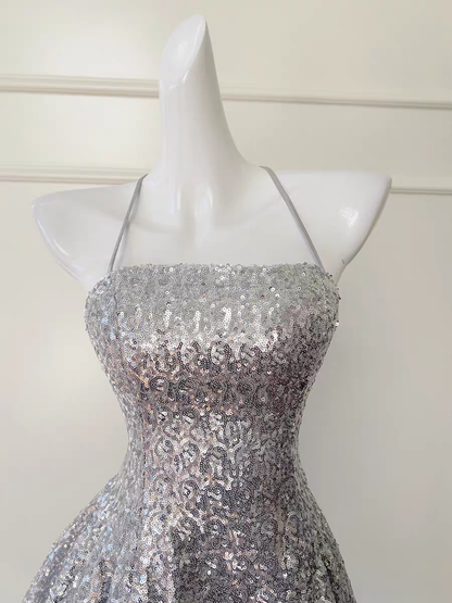Glitter Silver Sequin Halter Lace-Up Back Mini Dress A-Line Homecoming & Party Dress AS208