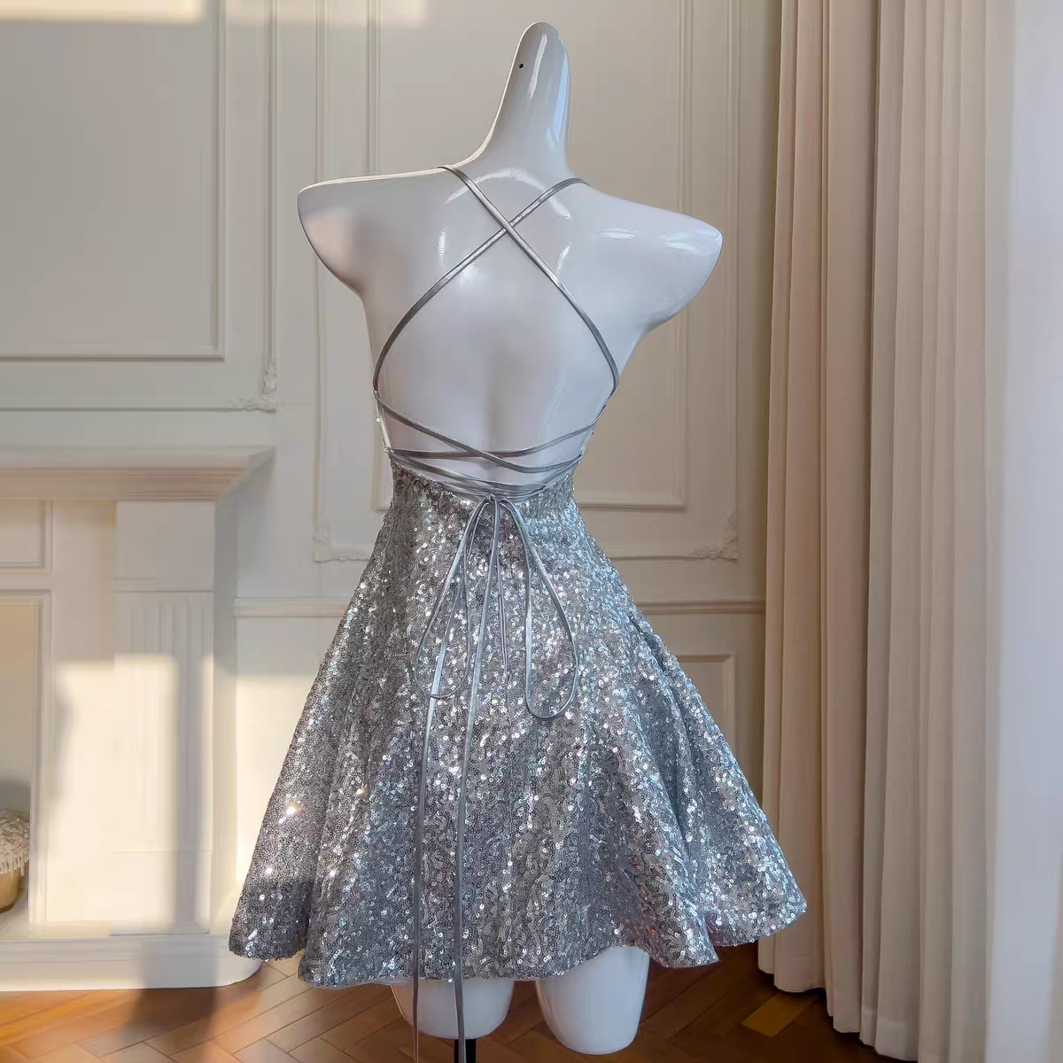 Glitter Silver Sequin Halter Lace-Up Back Mini Dress A-Line Homecoming & Party Dress AS208