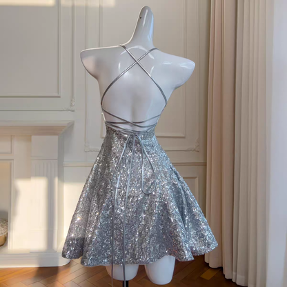 Glitter Silver Sequin Halter Lace-Up Back Mini Dress A-Line Homecoming & Party Dress AS208