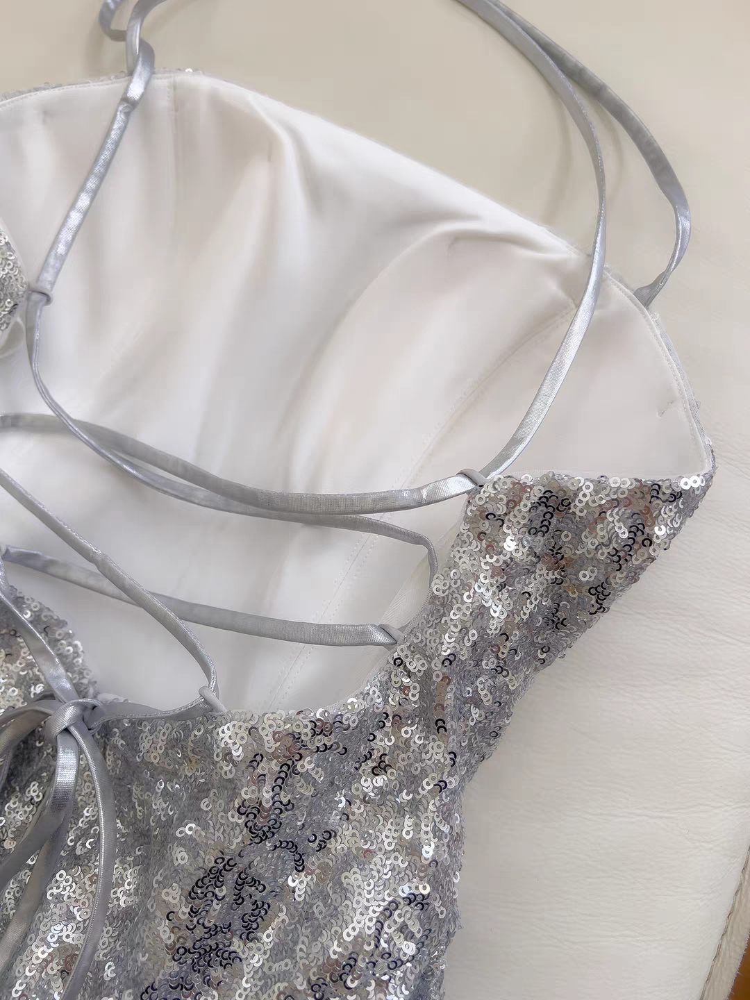 Glitter Silver Sequin Halter Lace-Up Back Mini Dress A-Line Homecoming & Party Dress AS208