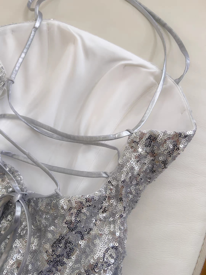 Glitter Silver Sequin Halter Lace-Up Back Mini Dress A-Line Homecoming & Party Dress AS208