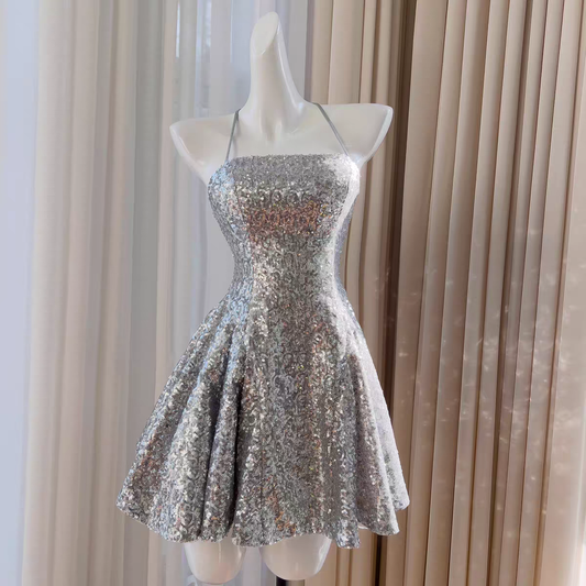 Glitter Silver Sequin Halter Lace-Up Back Mini Dress A-Line Homecoming & Party Dress AS208