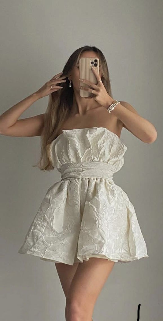 Airy Ivory Jacquard Strapless Waist Tie Belt A‑Line Short Homecoming Dress AS2098