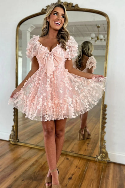 Sweet Pink A Line Homecoming Dress With Puff Sleeves Tulle Fabric And Bow Detail AS214