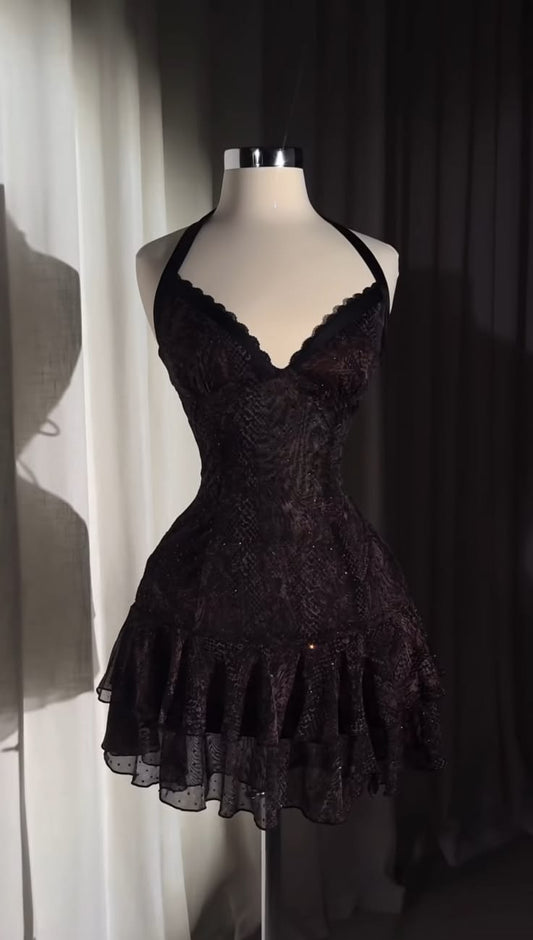 Alluring Black Glitter Lace V‑Neck Halter Neck Tiered Ruffle A Line Short Homecoming Dress AS2146