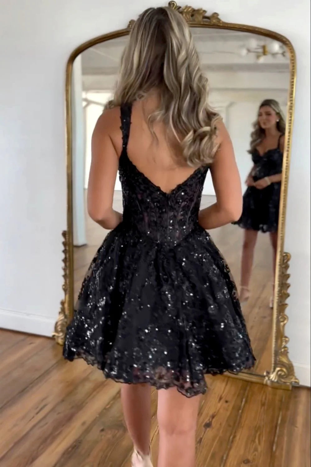 Black A Line Straps Homecoming Dress With Sparkling Sequin And Short Silhouette AS215