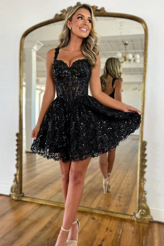 Black A Line Straps Homecoming Dress With Sparkling Sequin And Short Silhouette AS215