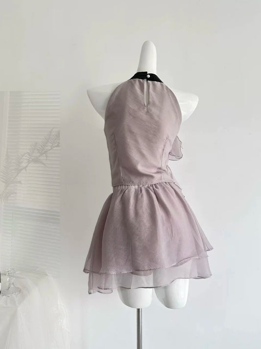 Airy Dusty Purple Halter Neck Black Bow Ruffled Chiffon Layered A Line Short Homecoming Dress AS2159