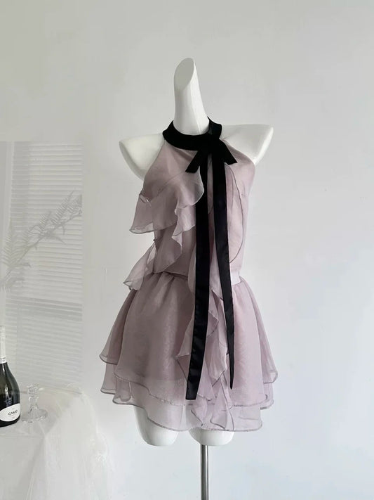 Airy Dusty Purple Halter Neck Black Bow Ruffled Chiffon Layered A Line Short Homecoming Dress AS2159