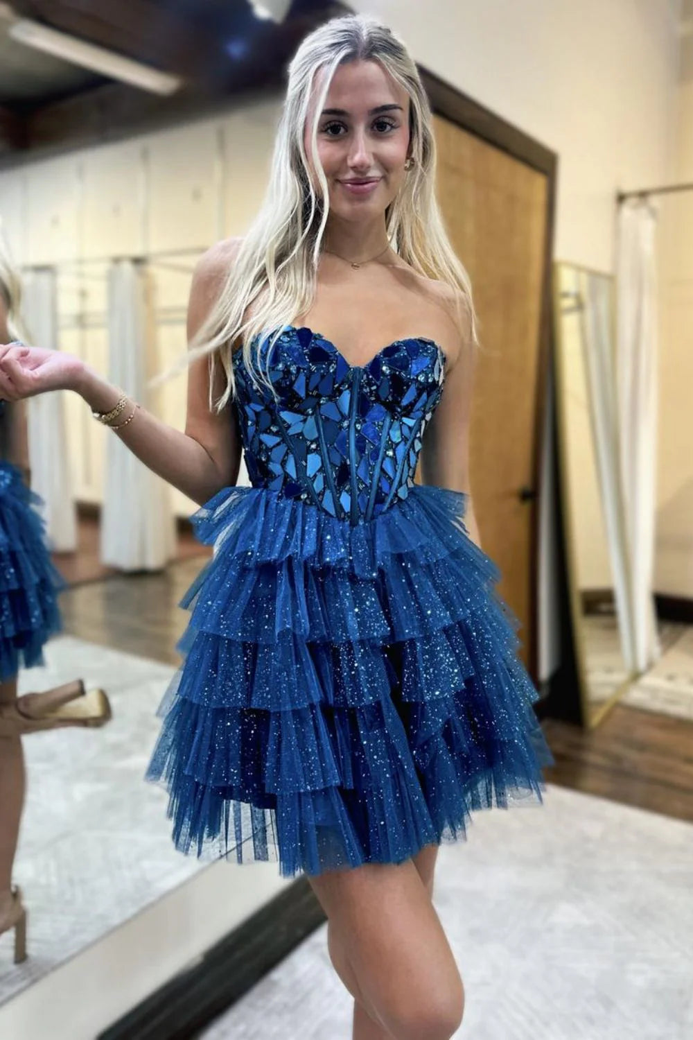 Lovely A Line Sweetheart Tulle Homecoming Dress With Short Tiered Skirt And Mirror Trim AS216