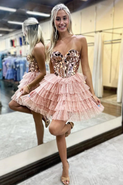 Lovely A Line Sweetheart Tulle Homecoming Dress With Short Tiered Skirt And Mirror Trim AS216