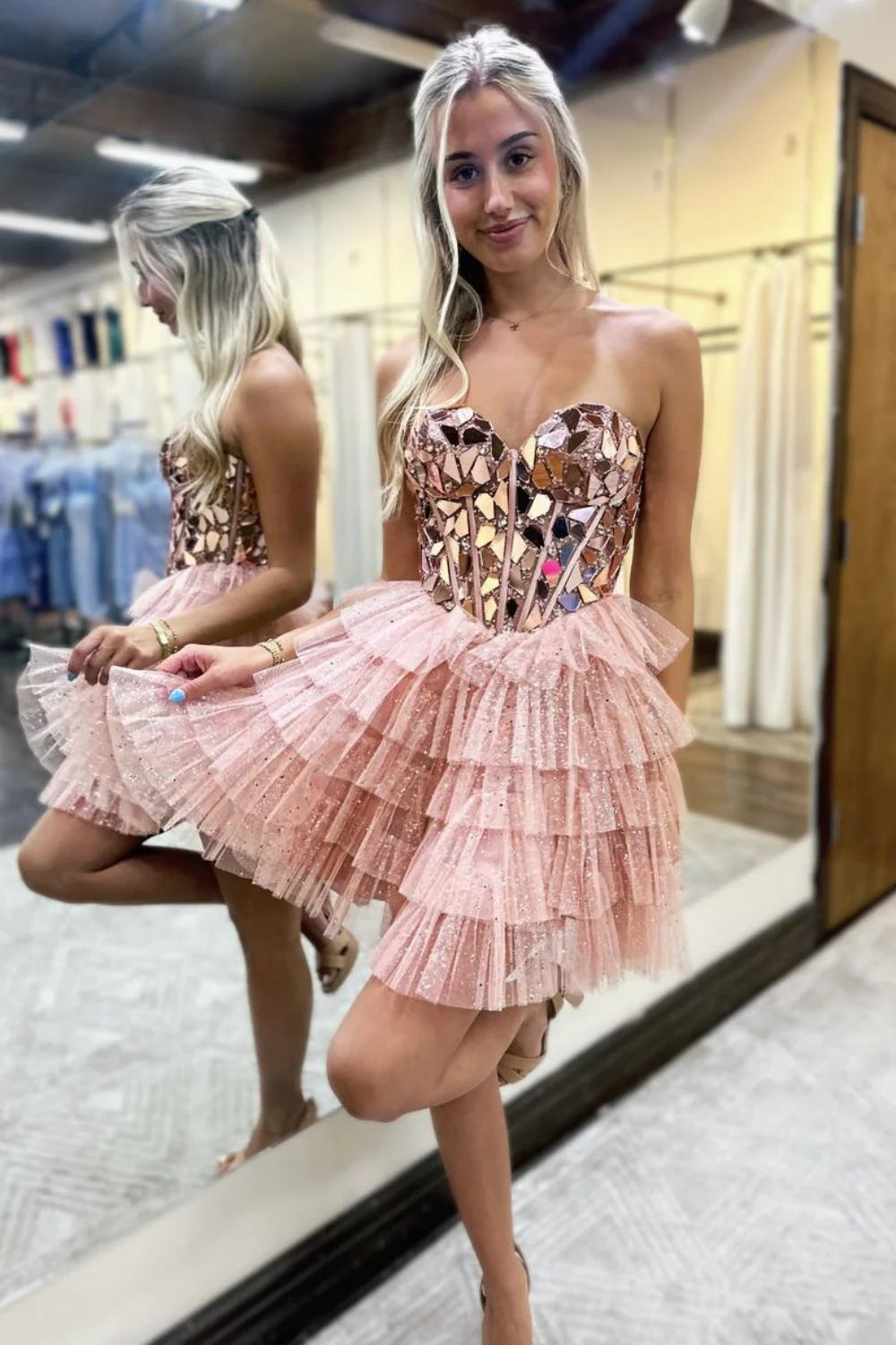 Lovely A Line Sweetheart Tulle Homecoming Dress With Short Tiered Skirt And Mirror Trim AS216