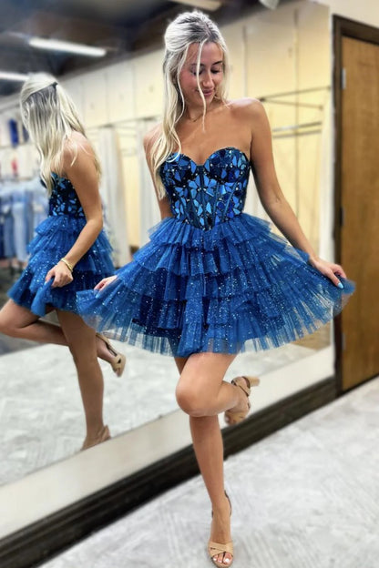 Lovely A Line Sweetheart Tulle Homecoming Dress With Short Tiered Skirt And Mirror Trim AS216