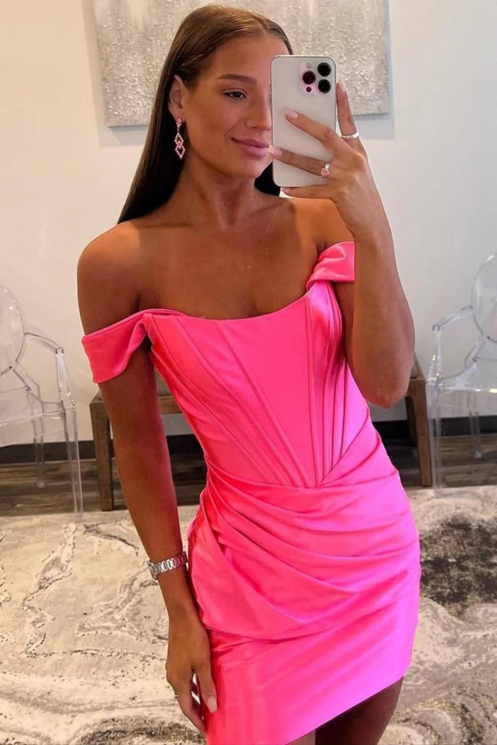 Off-the-Shoulder Satin Bodycon Homecoming Dress With Pleated Detail AS217
