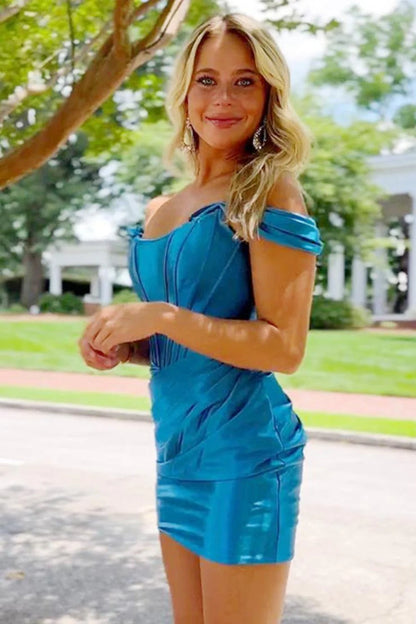 Off-the-Shoulder Satin Bodycon Homecoming Dress With Pleated Detail AS217