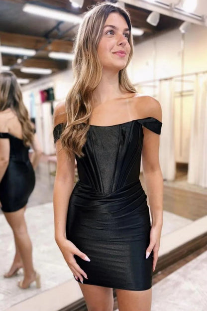 Off-the-Shoulder Satin Bodycon Homecoming Dress With Pleated Detail AS217