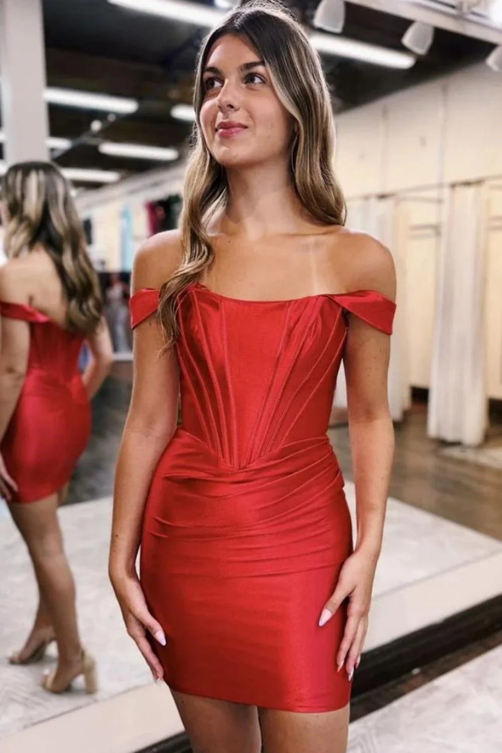 Off-the-Shoulder Satin Bodycon Homecoming Dress With Pleated Detail AS217