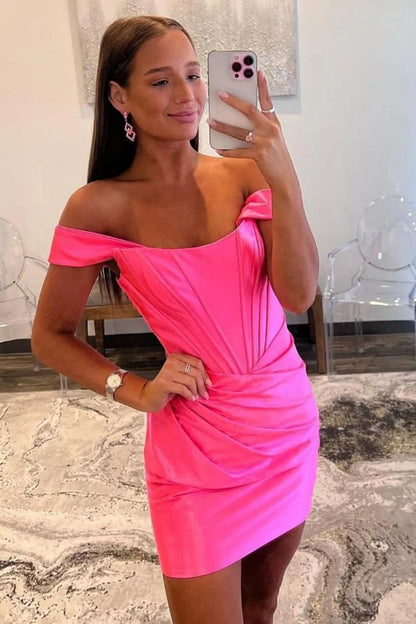 Off-the-Shoulder Satin Bodycon Homecoming Dress With Pleated Detail AS217