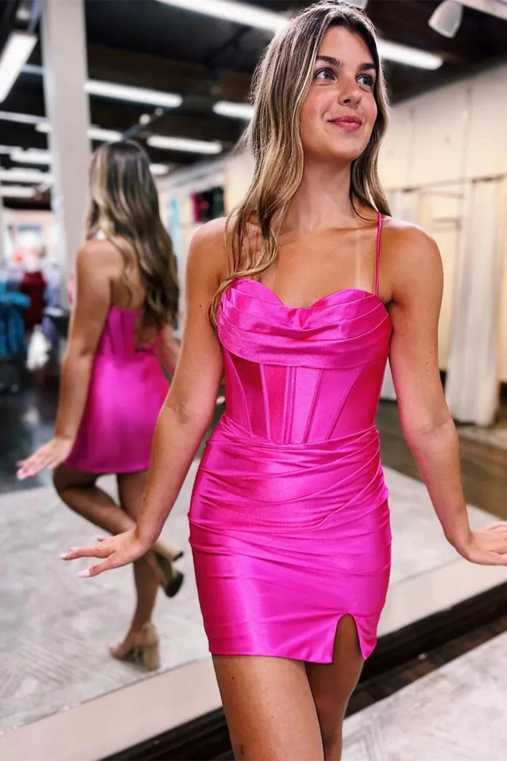 Fitted Satin Homecoming Dress With Spaghetti Straps And Corset-Style Back AS219