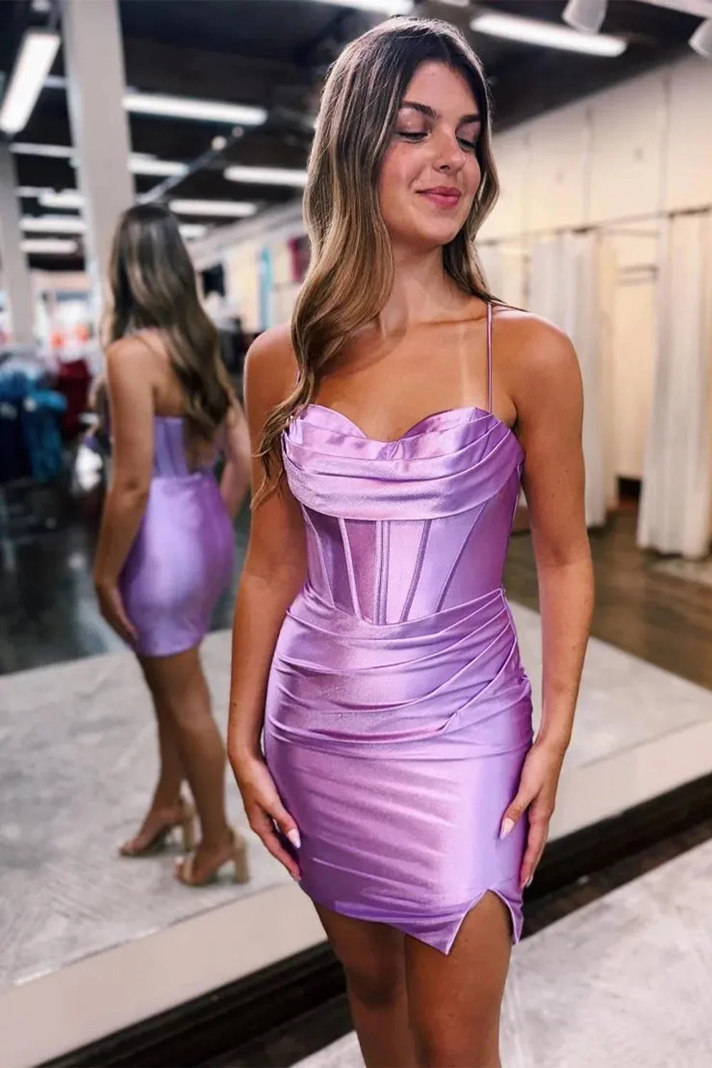 Fitted Satin Homecoming Dress With Spaghetti Straps And Corset-Style Back AS219