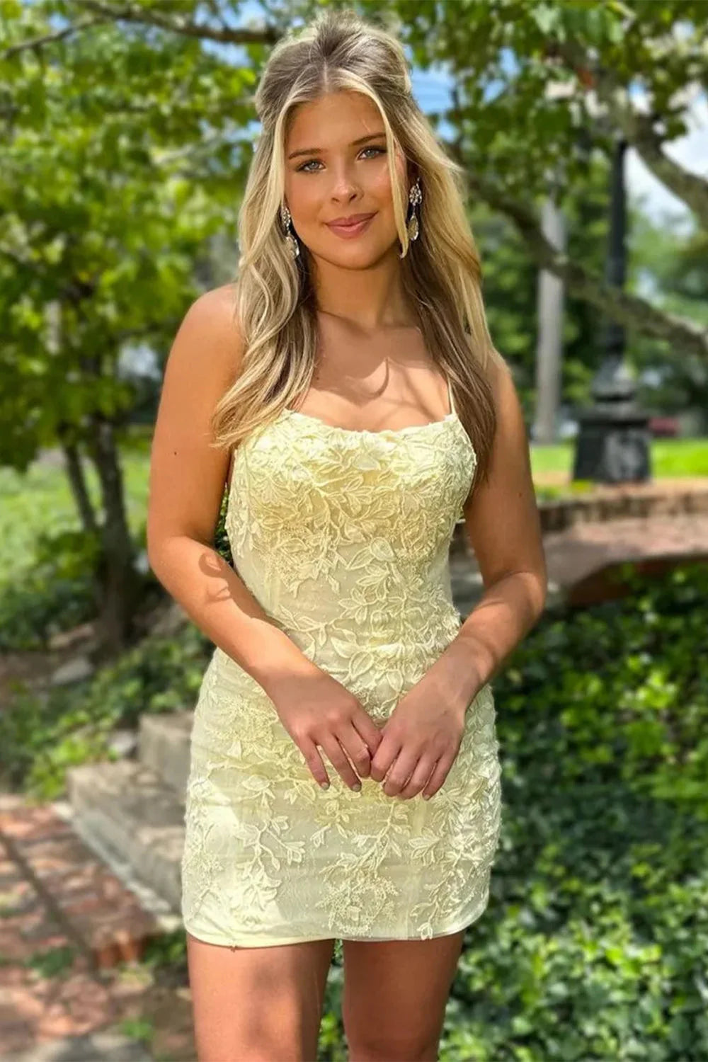 Short Yellow Bodycon Spaghetti Straps Homecoming Dress With Lace Detail AS220