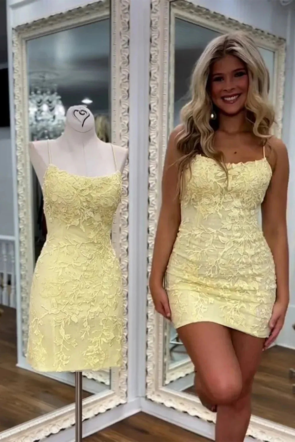 Short Yellow Bodycon Spaghetti Straps Homecoming Dress With Lace Detail AS220