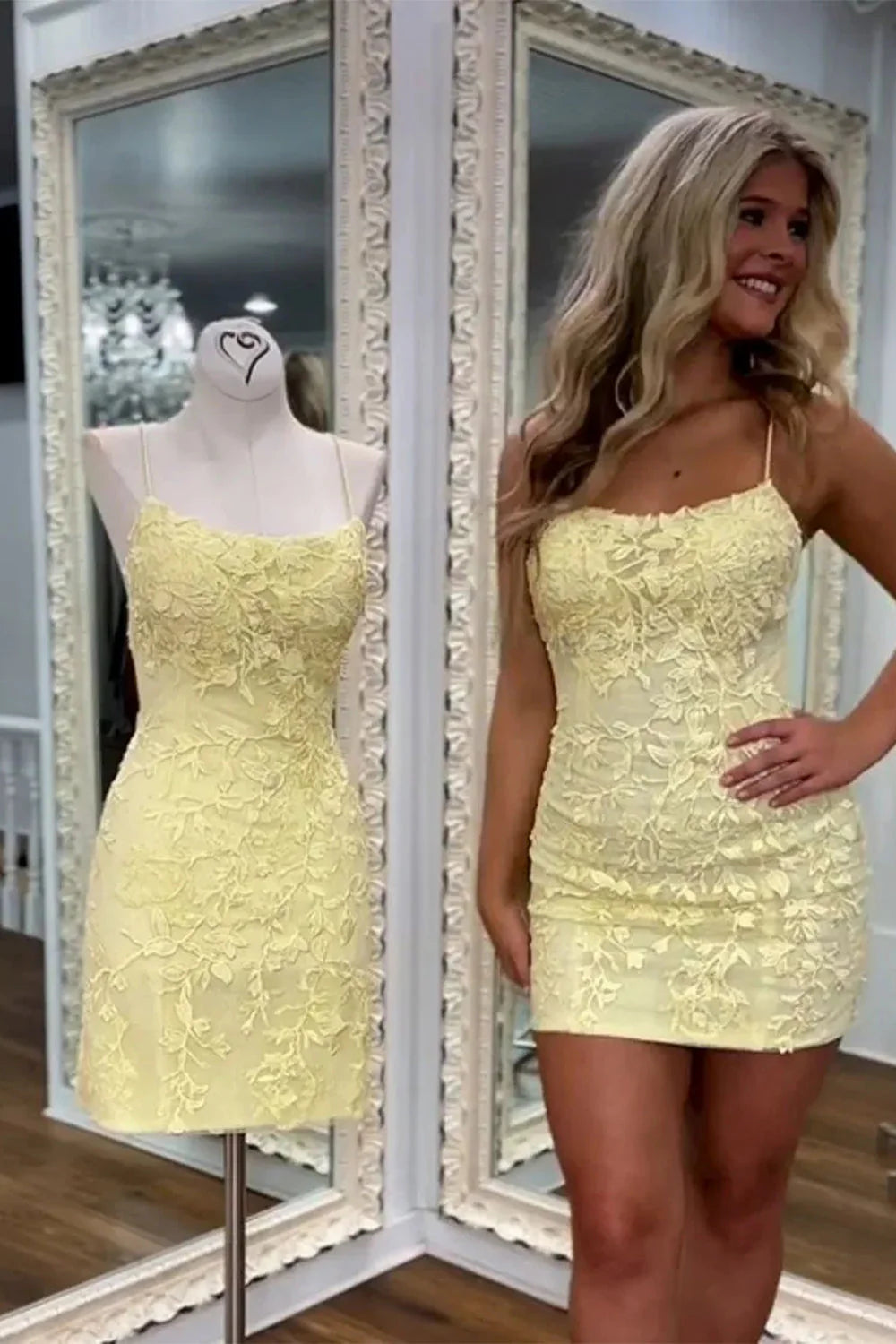 Short Yellow Bodycon Spaghetti Straps Homecoming Dress With Lace Detail AS220