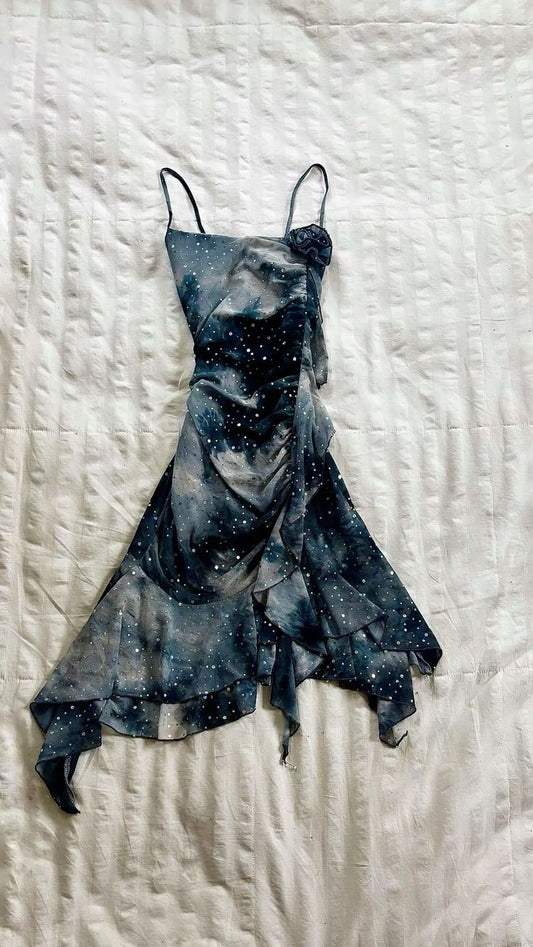 Alluring Dark Teal Tie‑Dye 3D Floral Spaghetti Strap Ruched Sequin Asymmetrical Handkerchief Hem A Line Midi Homecoming Dress AS2201