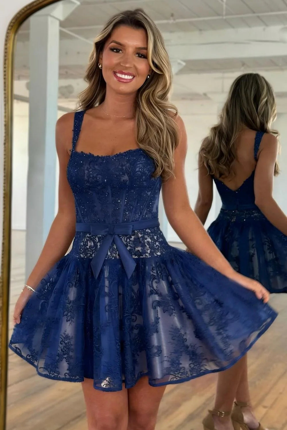 Navy Lace Corset Short Fit-And-Flare Homecoming Dress With Beaded Details AS222