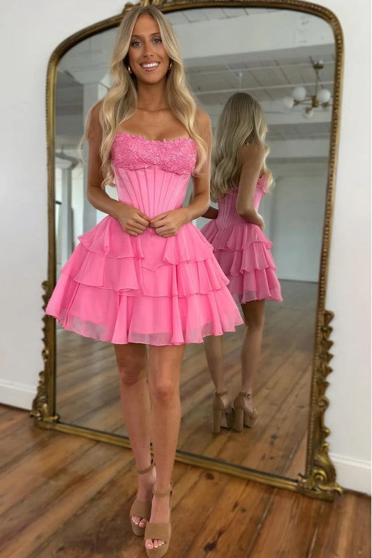 Flirty Pink Corset Bodice Homecoming Dress With Tiered Skirt AS223