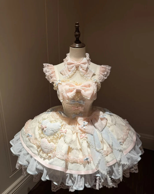Delicate Cream Pink Blue Square Neck Sleeveless Lace Ruffle Multi‑Bow Heart Appliqué Pearl A Line Short Homecoming Dress AS2259